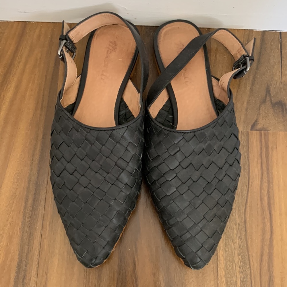 Madewell Black Leather Woven Mules Slingback - Size 7.5